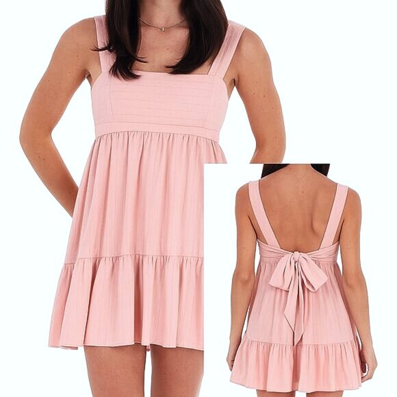 Lucy in the Sky Pink Shimmer Striped Babydoll Mini Dress Size M Party - Picture 1 of 9
